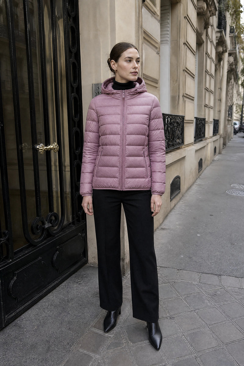 SOFAINE-V7-LIFE-Ciara | Hooded Textured Jacket in Purple, street-style view