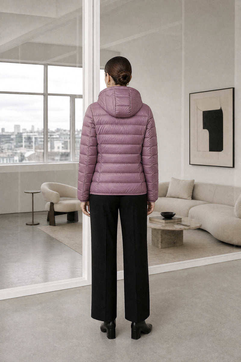 Ciara | Hooded Textured Jacket in Purple, studio back view