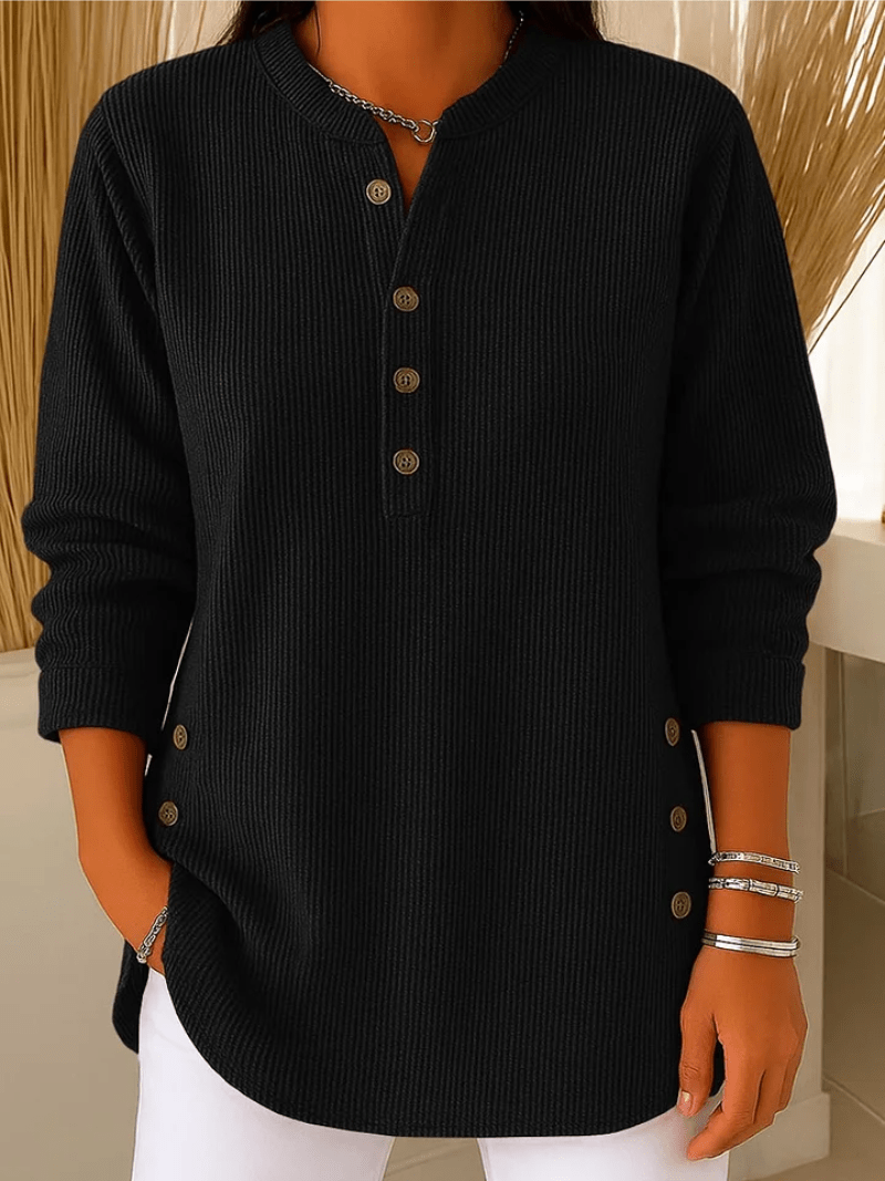 Ribbed Henley Tunic Sweater for Women with Side Buttons and Curved Hem in Black, front view