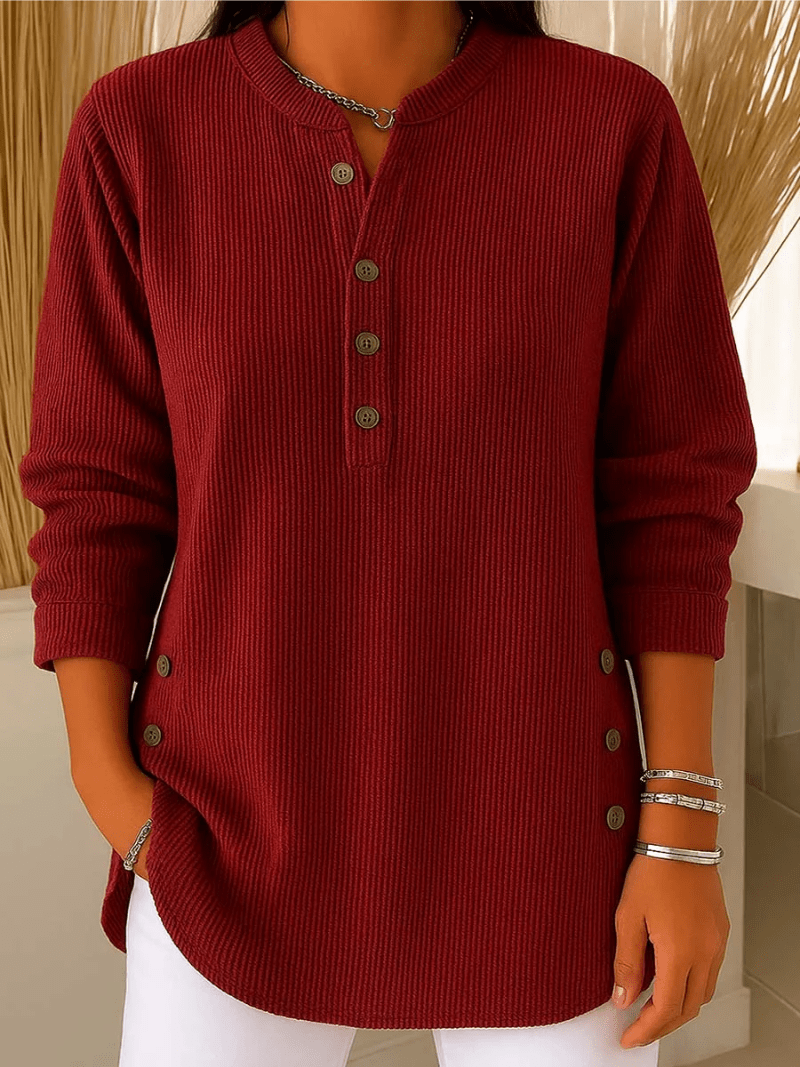 Ribbed Henley Tunic Sweater for Women with Side Buttons and Curved Hem in Burgundy, front view