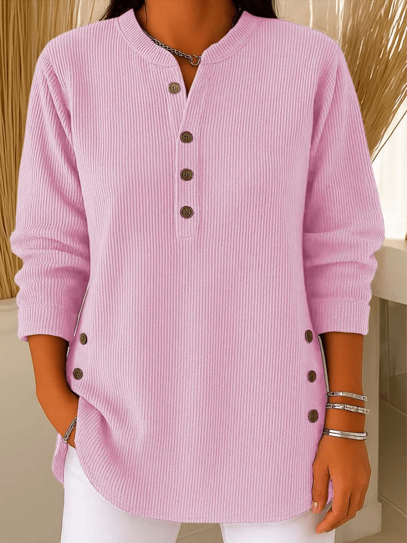 Ribbed Henley Tunic Sweater for Women with Side Buttons and Curved Hem in Pink, front view