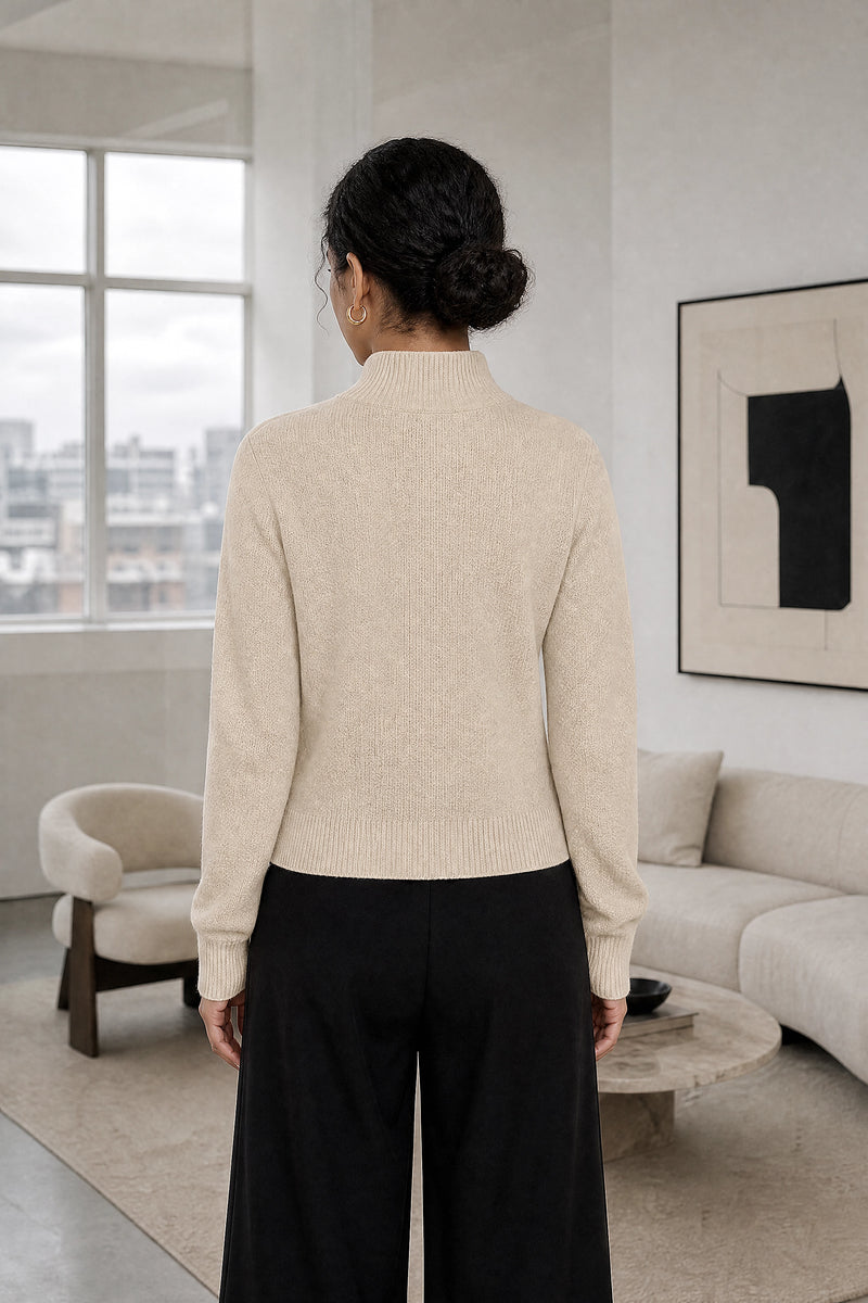 Cindy | Button Knit Cardigan in Beige, studio back view