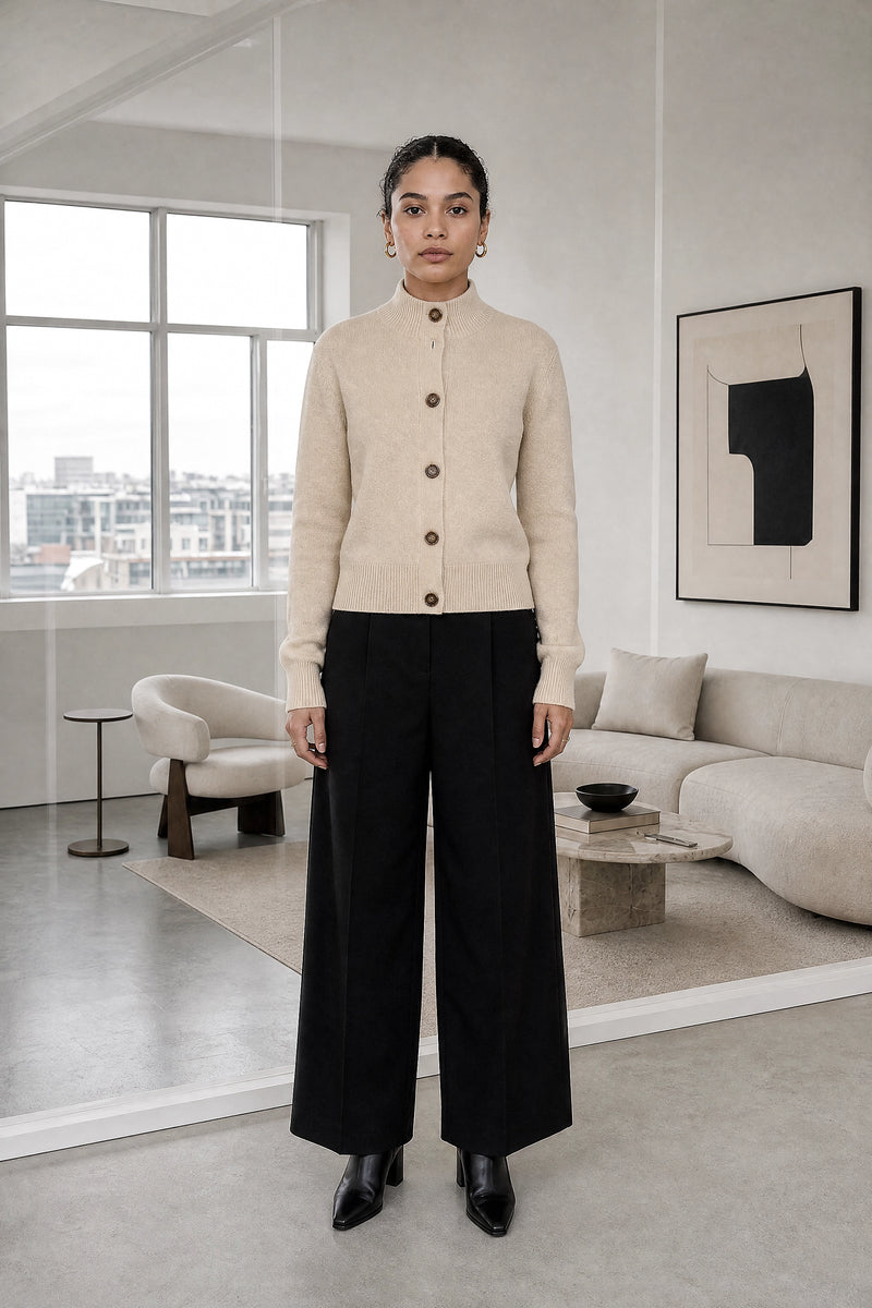 Cindy | Button Knit Cardigan in Beige, studio front view