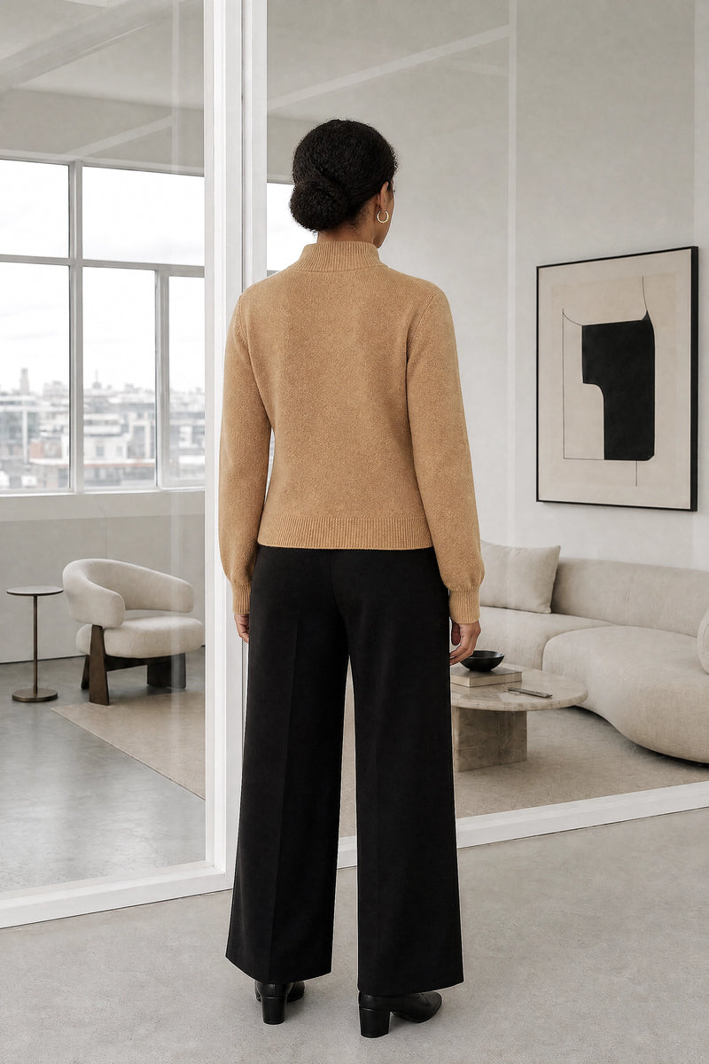 Cindy | Button Knit Cardigan in Camel, studio back view