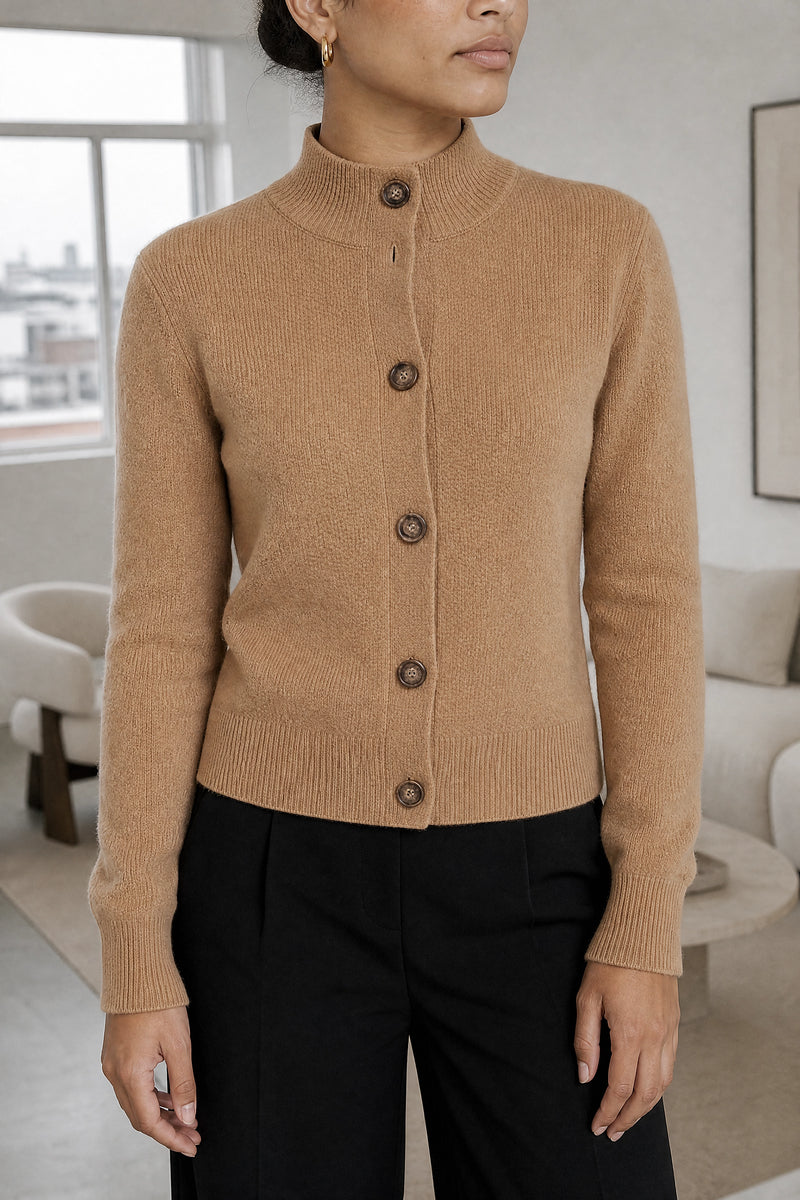 Cindy | Button Knit Cardigan in Camel, fabric close-up
