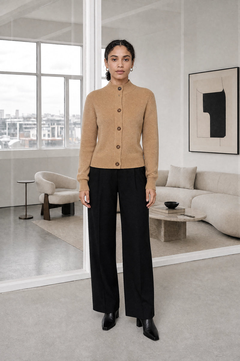 Cindy | Button Knit Cardigan in Camel, studio front view