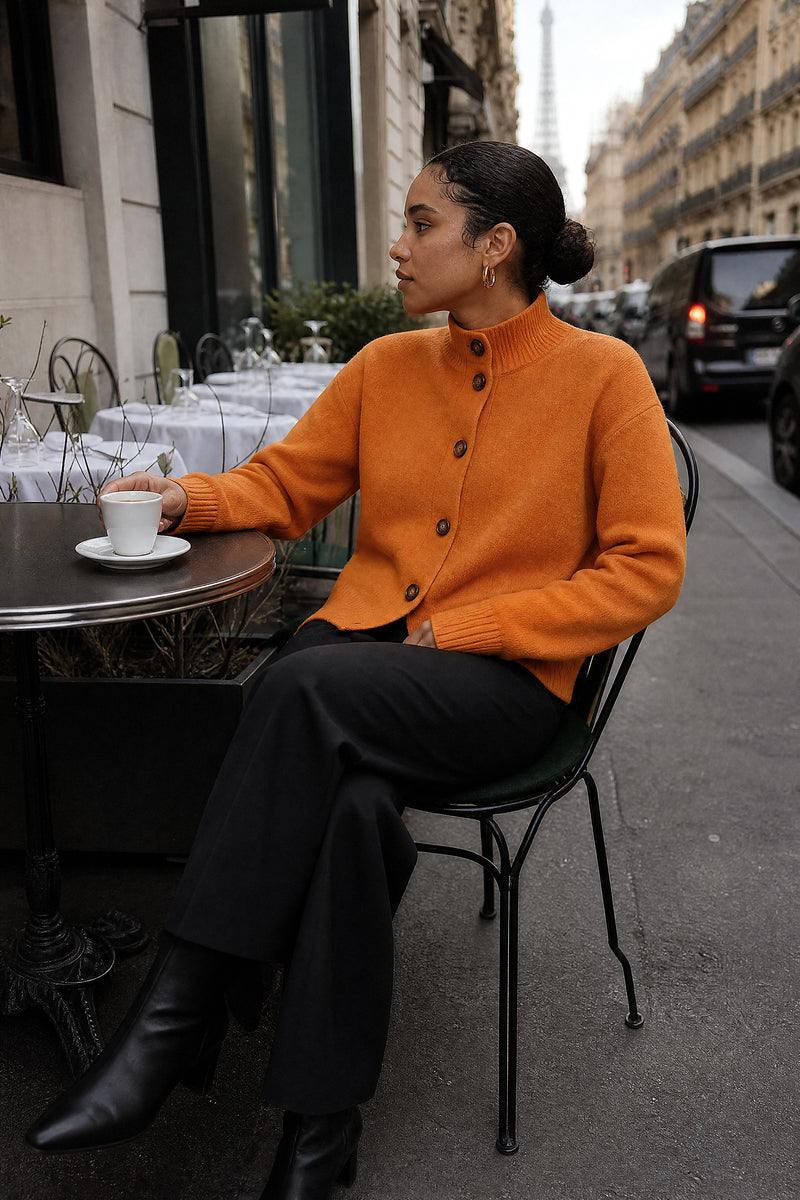 SOFAINE-V7-LIFE-Cindy | Button Knit Cardigan in Orange, café scene