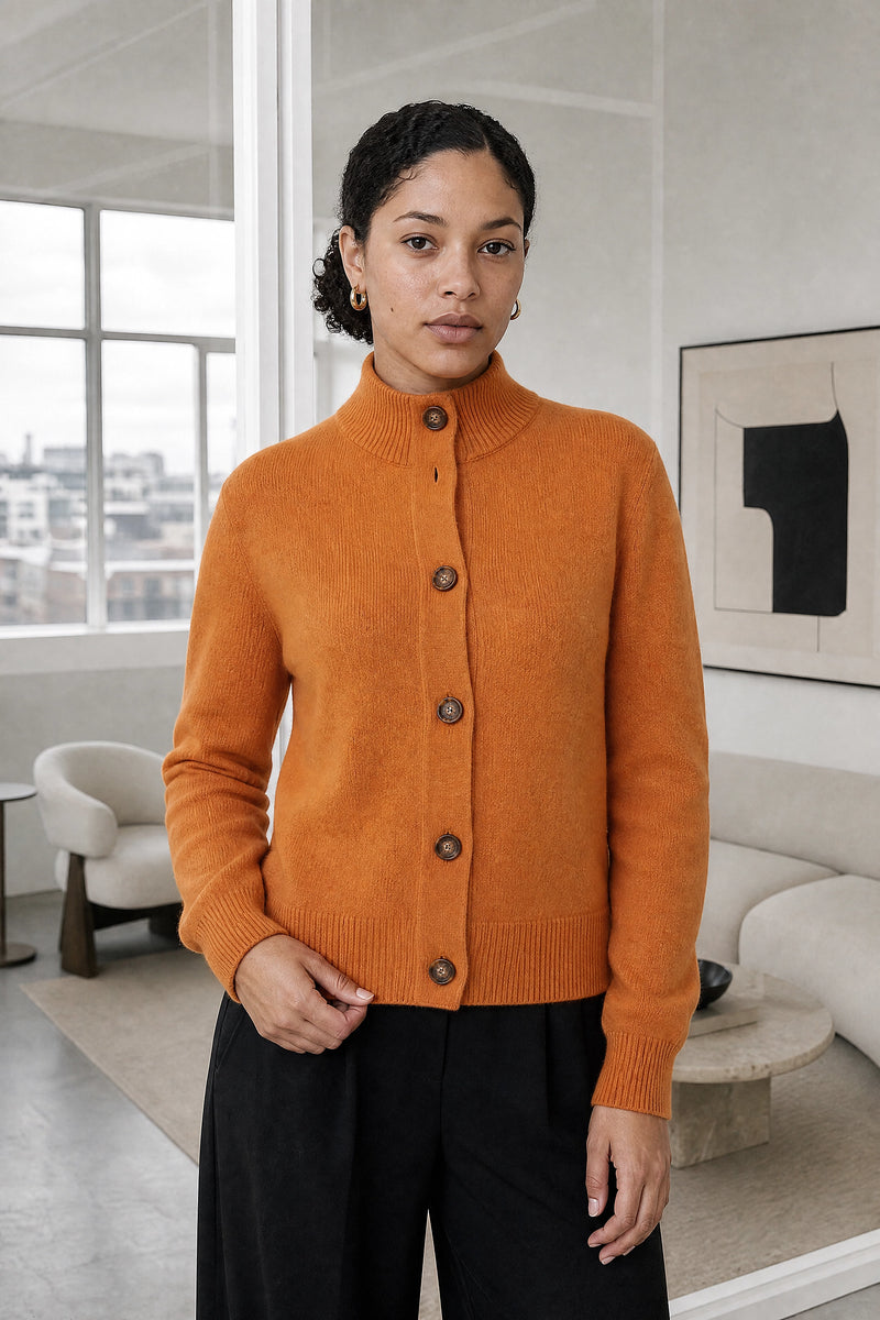 Cindy | Button Knit Cardigan in Orange, studio front view