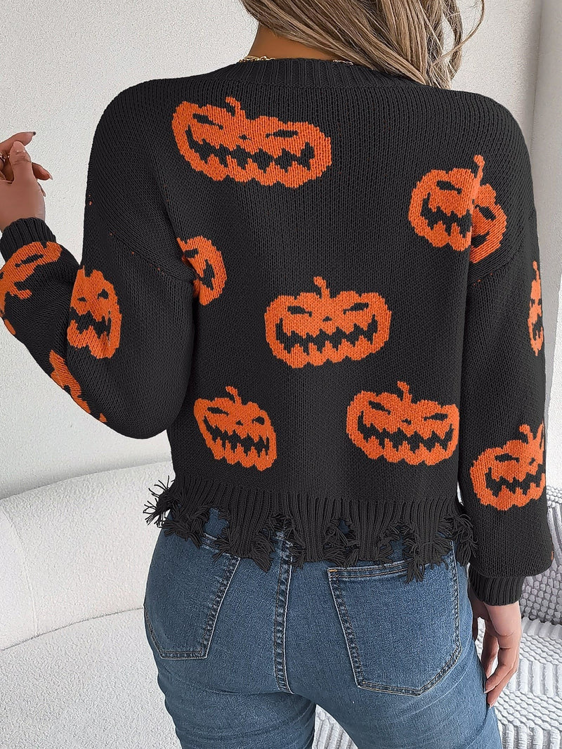 Pumpkin V-Neck Sweater for Women with Frayed Hem and Drop Shoulders in Black, back view