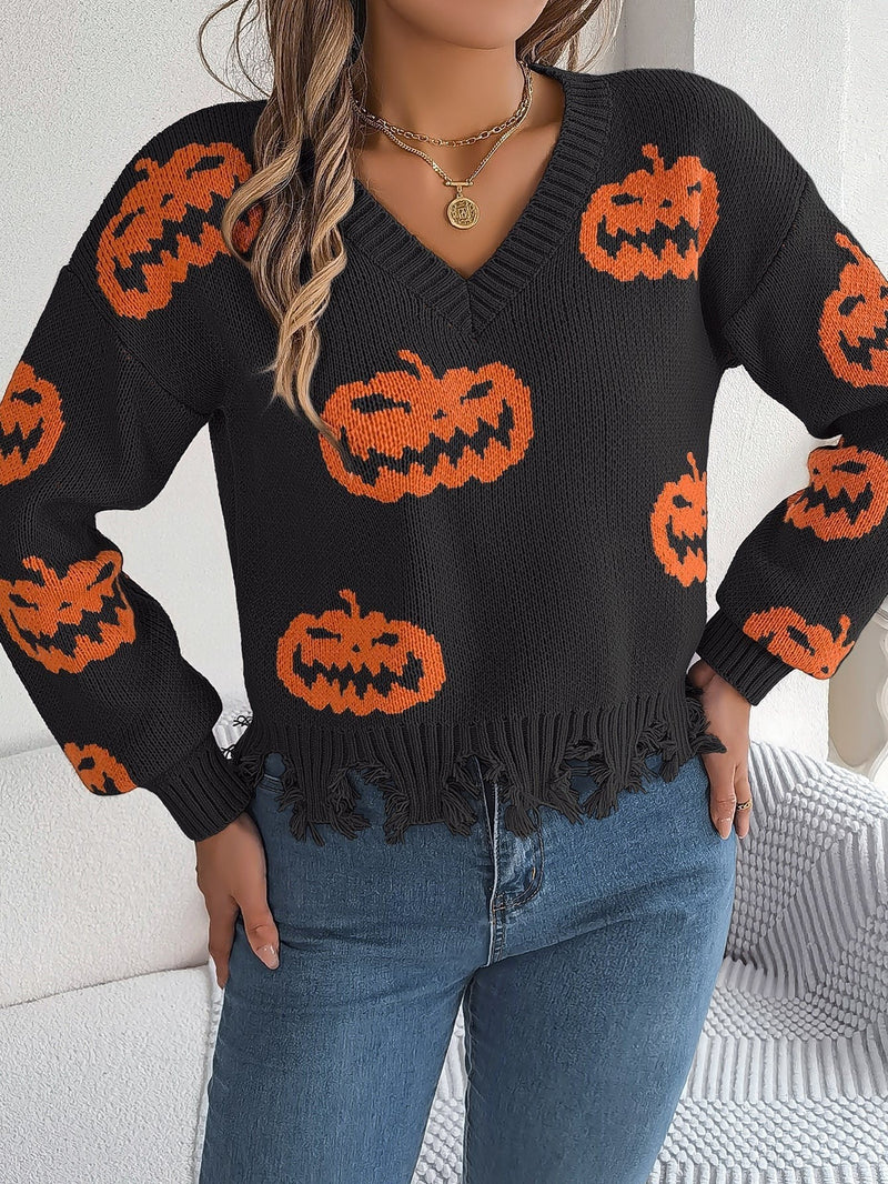 Pumpkin V-Neck Sweater for Women with Frayed Hem and Drop Shoulders in Black, front view