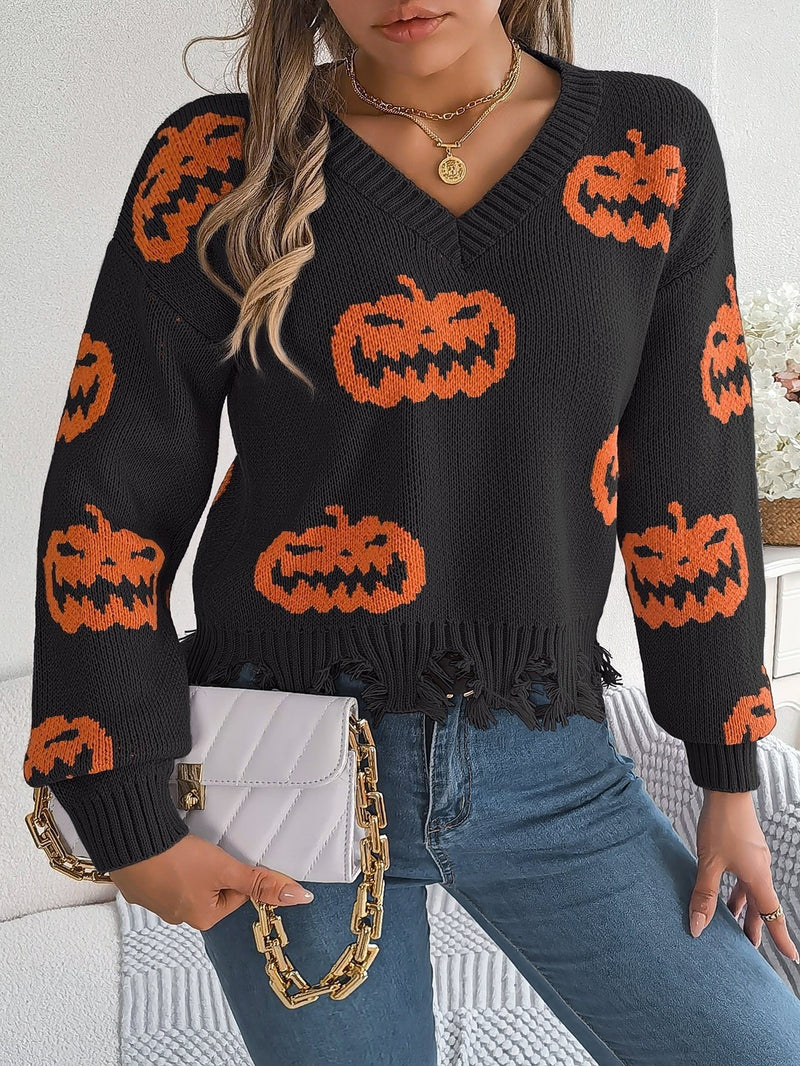 Pumpkin V-Neck Sweater for Women with Frayed Hem and Drop Shoulders in Black, styled view