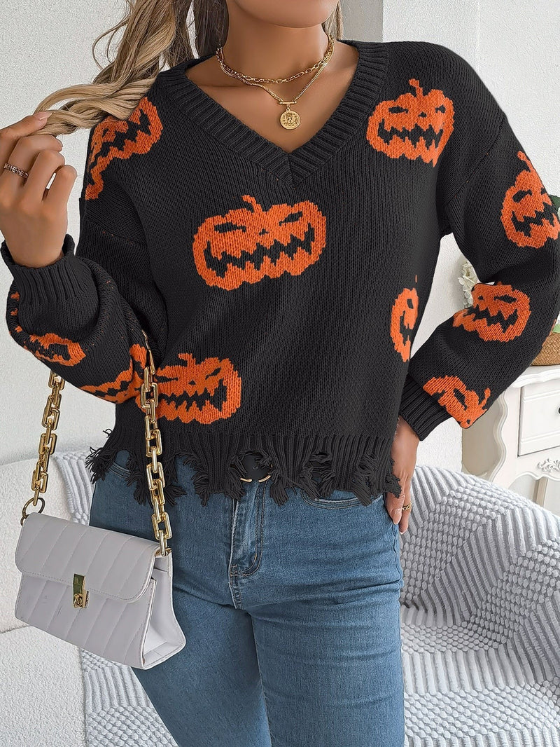 Pumpkin V-Neck Sweater for Women with Frayed Hem and Drop Shoulders in Black, styled view 2