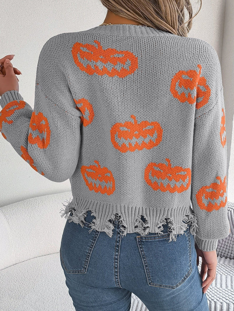 Pumpkin V-Neck Sweater for Women with Frayed Hem and Drop Shoulders in Gray, back view