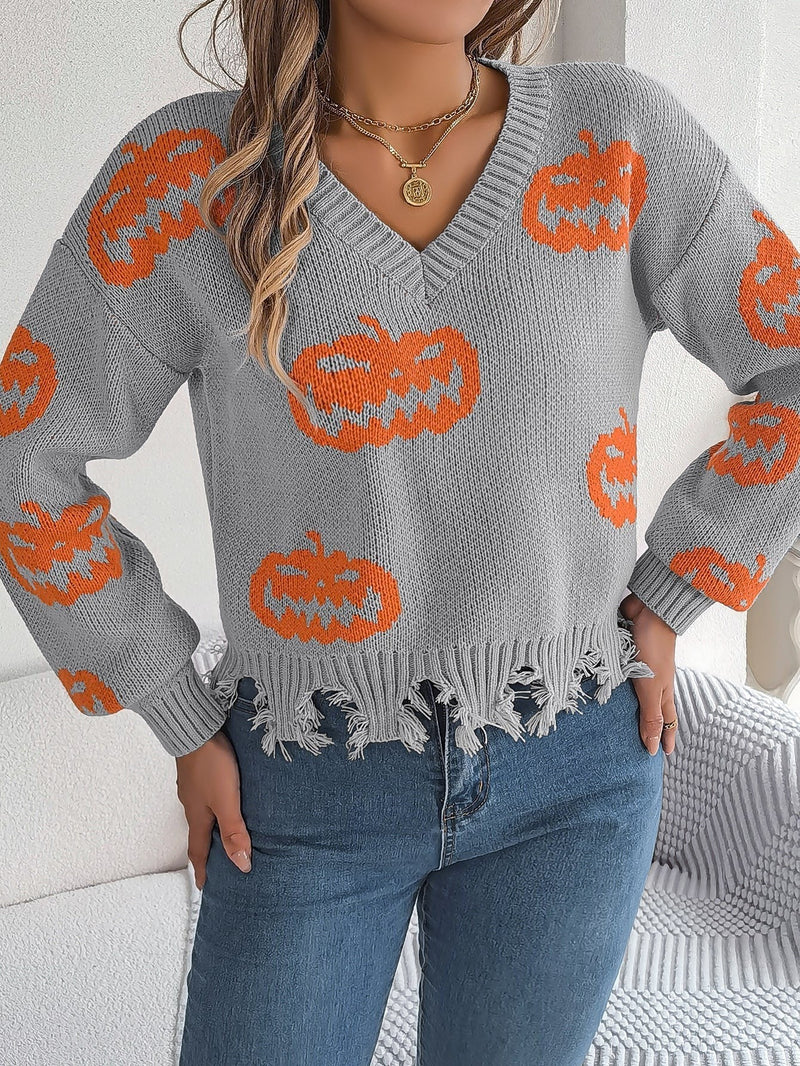 Pumpkin V-Neck Sweater for Women with Frayed Hem and Drop Shoulders in Gray, front view