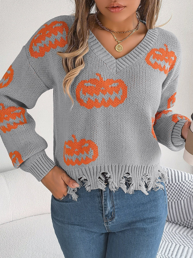 Pumpkin V-Neck Sweater for Women with Frayed Hem and Drop Shoulders in Gray, front view 2