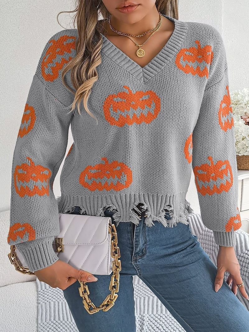 Pumpkin V-Neck Sweater for Women with Frayed Hem and Drop Shoulders in Gray, styled view