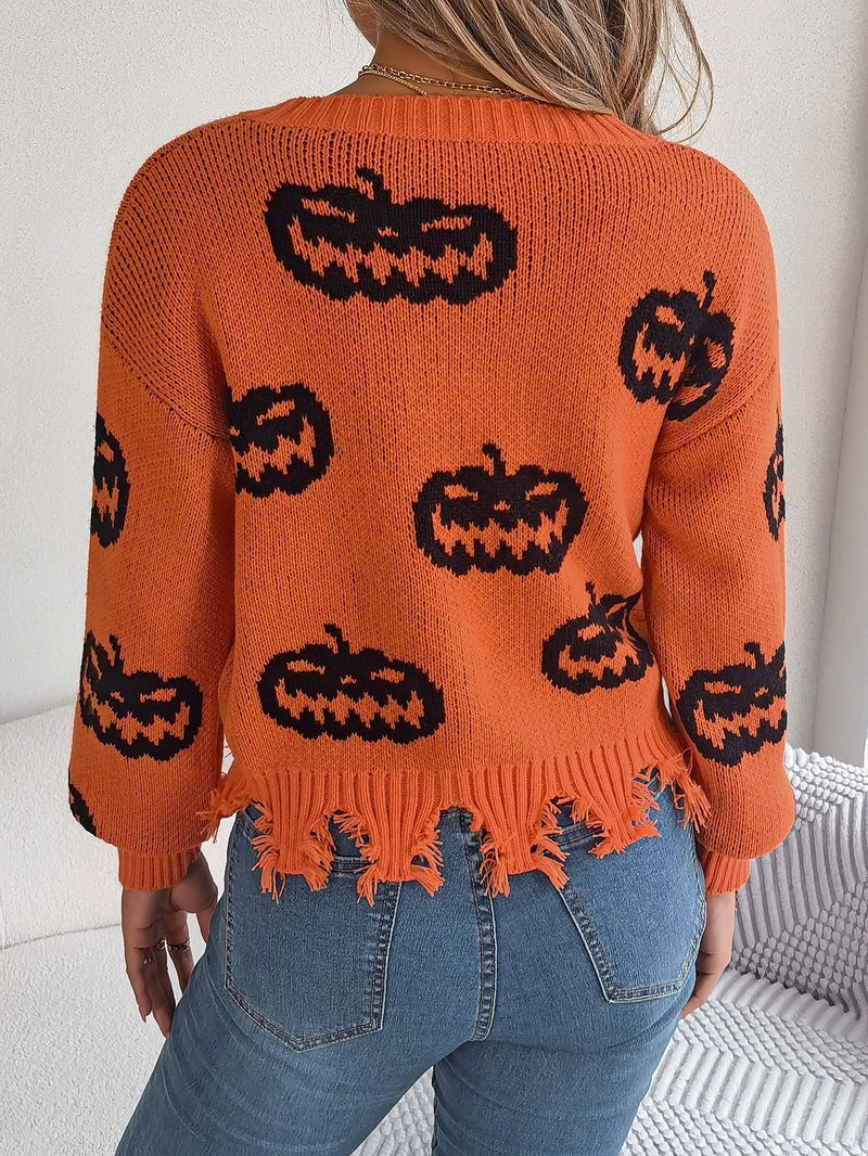 Pumpkin V-Neck Sweater for Women with Frayed Hem and Drop Shoulders in Orange, back view