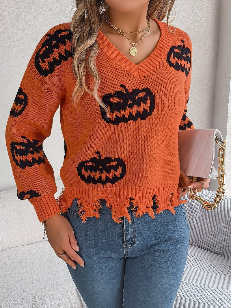 Pumpkin V-Neck Sweater for Women with Frayed Hem and Drop Shoulders in Orange, front view 2