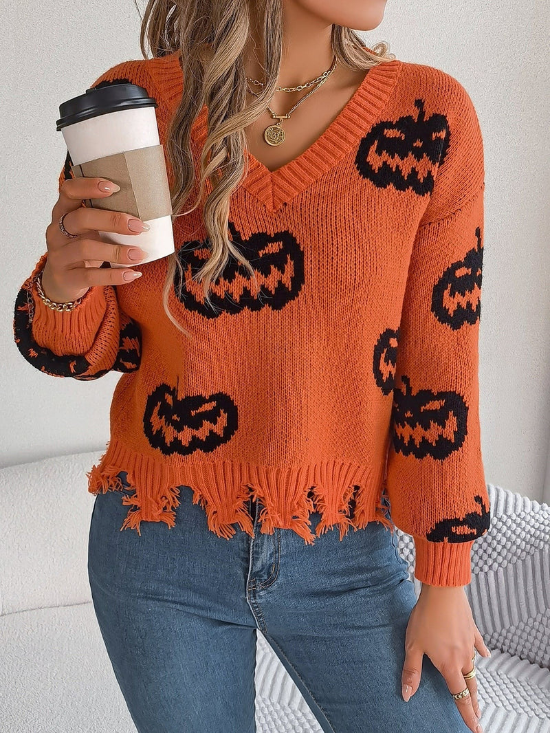 Pumpkin V-Neck Sweater for Women with Frayed Hem and Drop Shoulders in Orange, styled view
