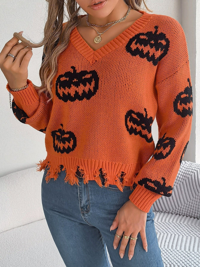 Pumpkin V-Neck Sweater for Women with Frayed Hem and Drop Shoulders in Orange, styled view 2