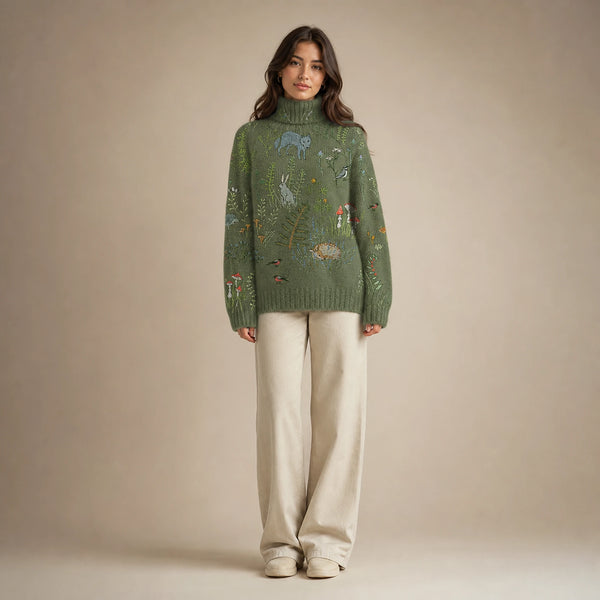 SOFAINE-V5-2026-07-07 Sofaine Claire soft-knit turtleneck sweater in Green, worn front hero