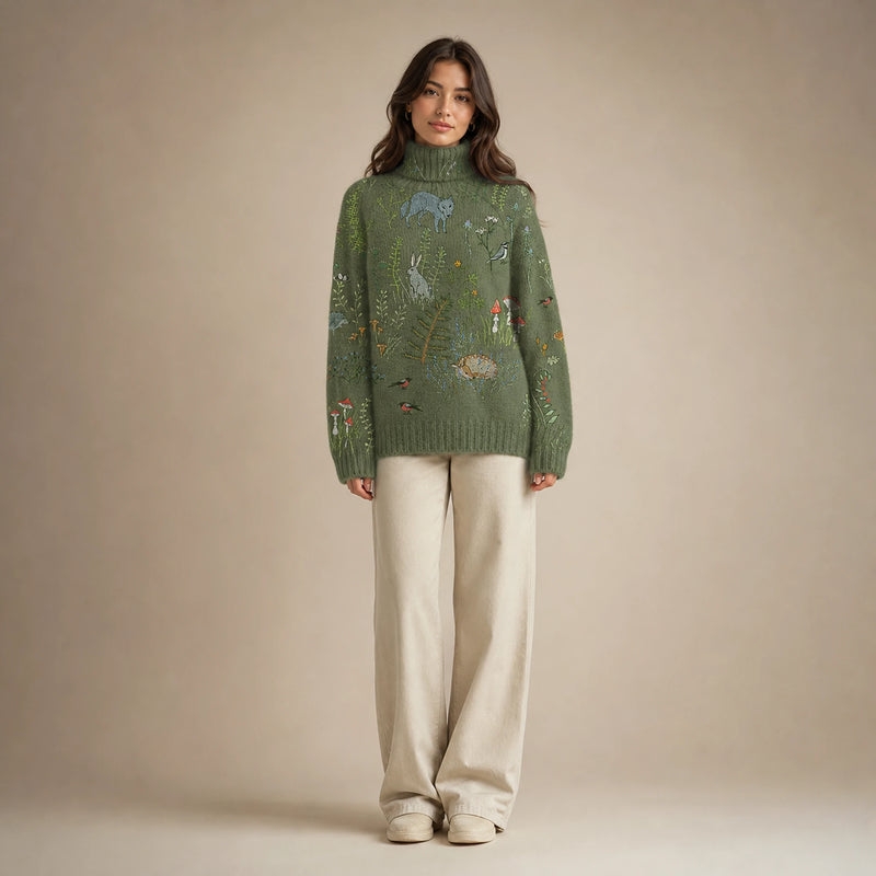 SOFAINE-V5-2026-07-07 Sofaine Claire soft-knit turtleneck sweater in Green, worn front hero