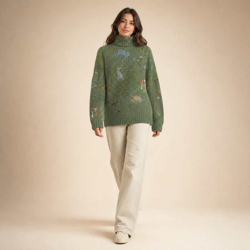 SOFAINE-V5-2026-07-07 Sofaine Claire soft-knit turtleneck sweater in Green, styled full look