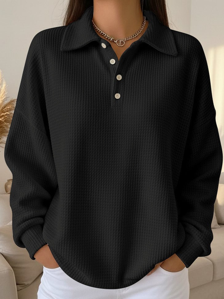 Waffle Knit Collared Sweater for Women with Button Placket in Black, front view