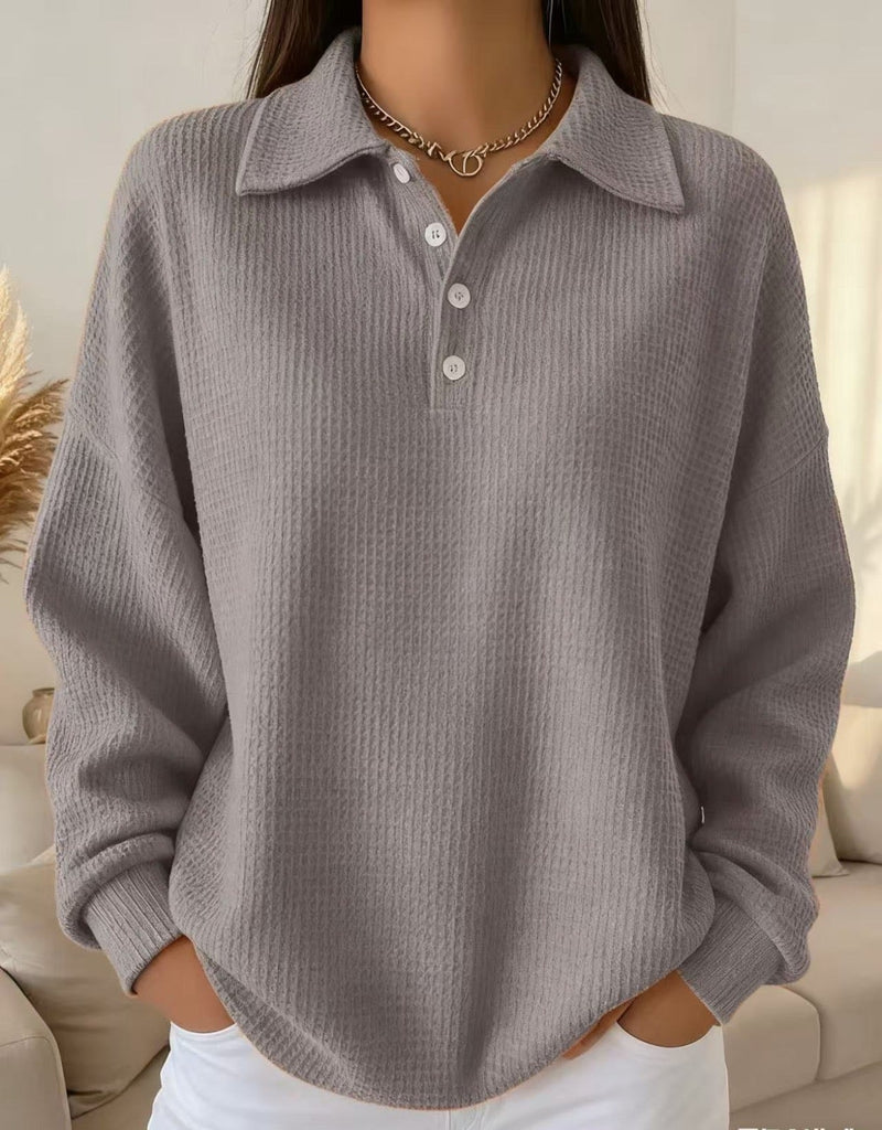 Waffle Knit Collared Sweater for Women with Button Placket in Gray, front view