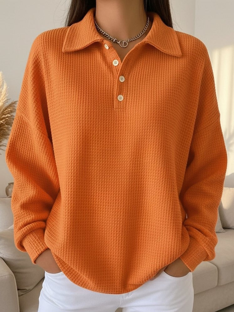 Waffle Knit Collared Sweater for Women with Button Placket in Orange, front view