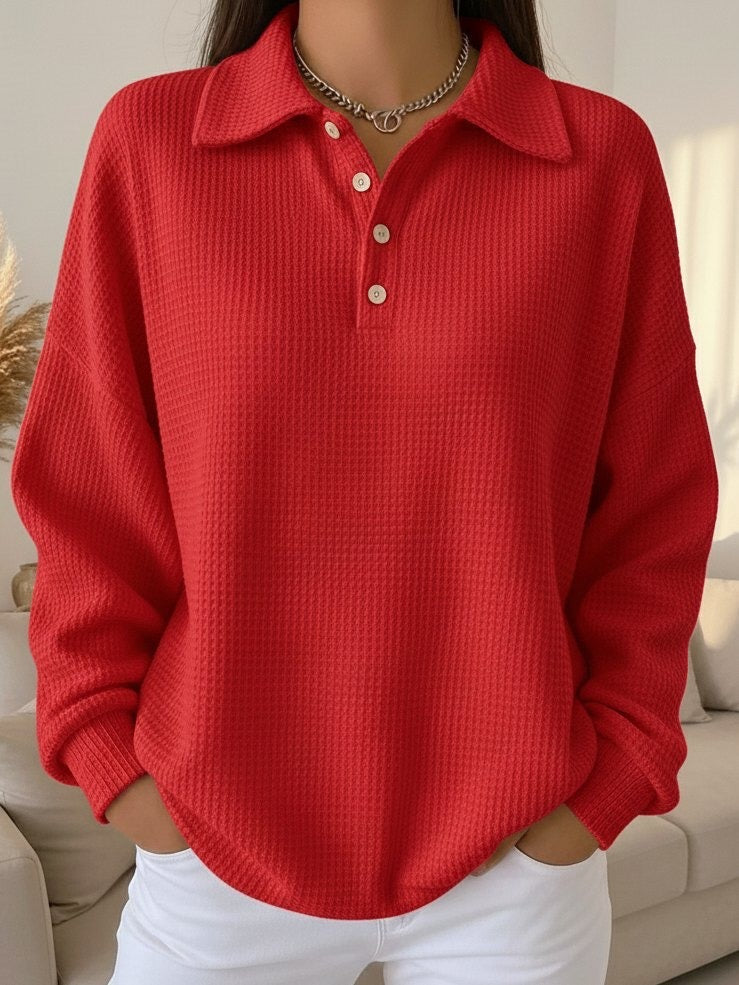 Waffle Knit Collared Sweater for Women with Button Placket in Red, front view
