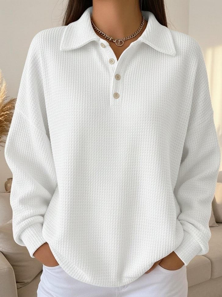 Waffle Knit Collared Sweater for Women with Button Placket in White, front view