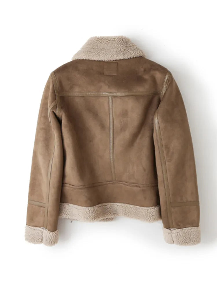 Faux Suede Sherpa Aviator Jacket for Women with Belted Hem in Brown, back view