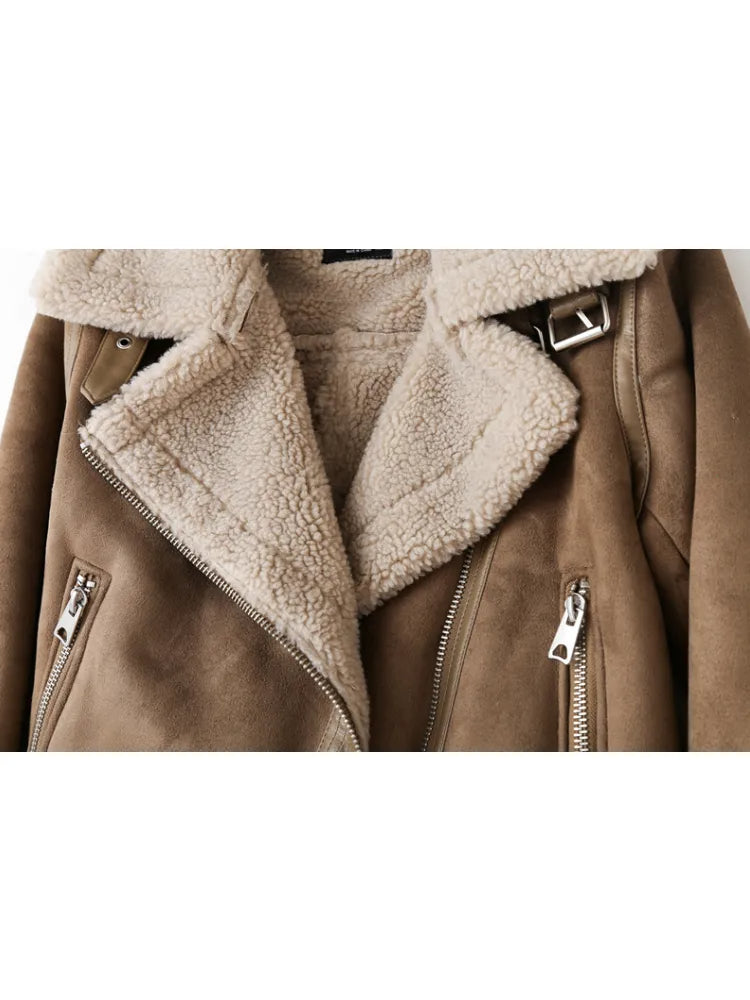 Faux Suede Sherpa Aviator Jacket for Women with Belted Hem in Brown, collar detail