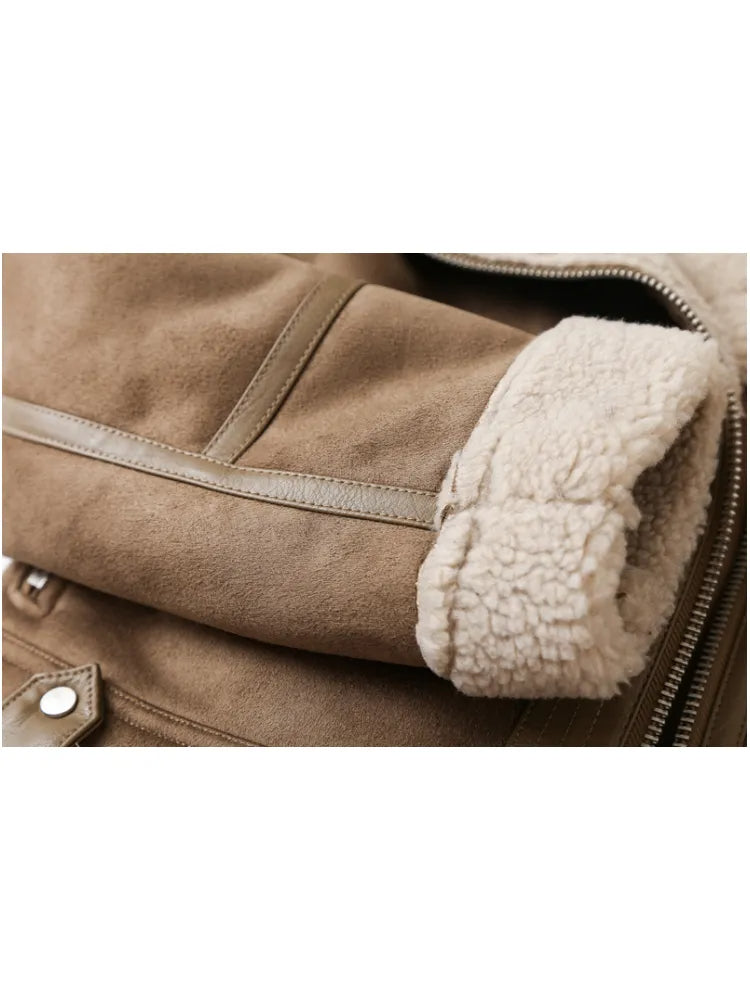Faux Suede Sherpa Aviator Jacket for Women with Belted Hem in Brown, cuff detail