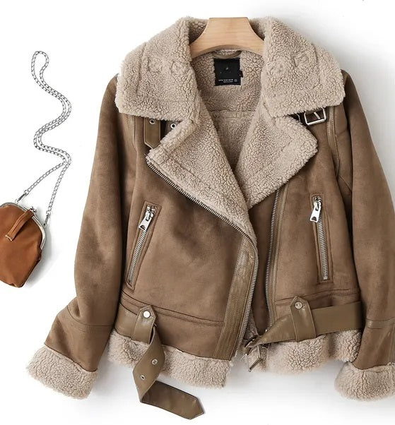 Faux Suede Sherpa Aviator Jacket for Women with Belted Hem in Brown, flat lay