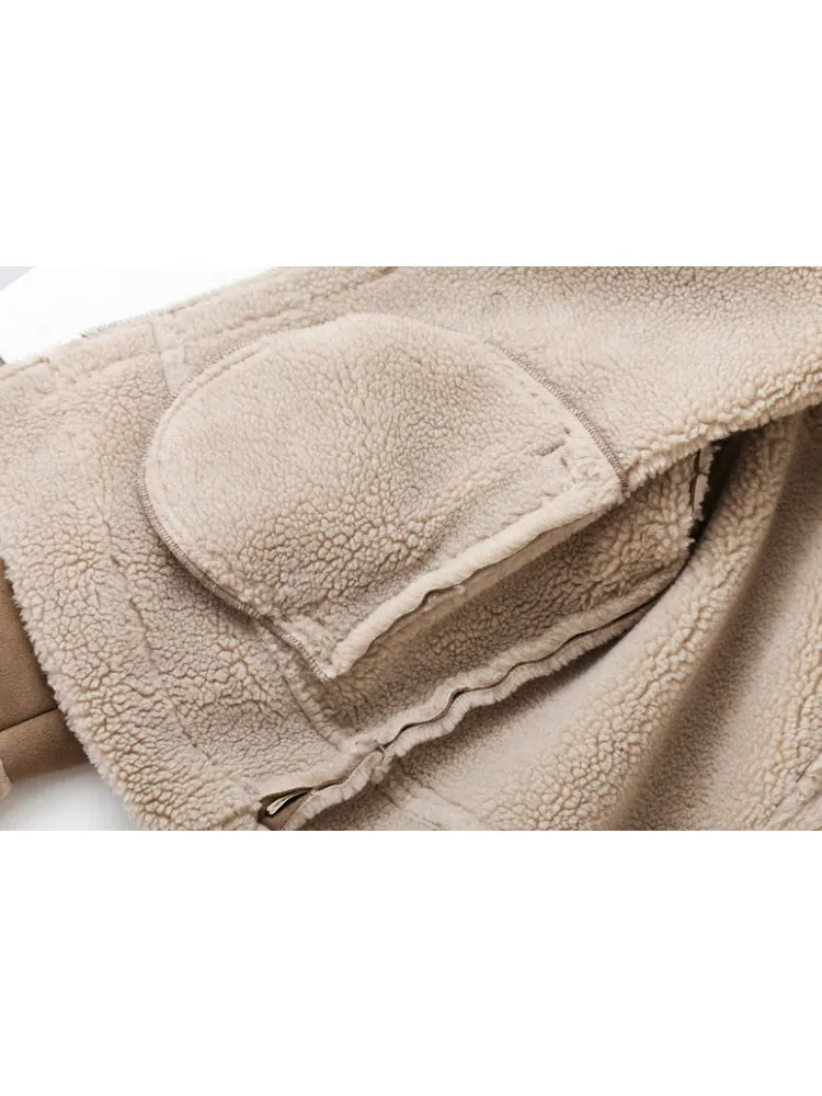 Faux Suede Sherpa Aviator Jacket for Women with Belted Hem in Brown, lining detail