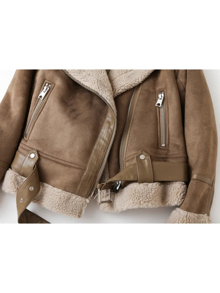 Faux Suede Sherpa Aviator Jacket for Women with Belted Hem in Brown, zip pocket detail