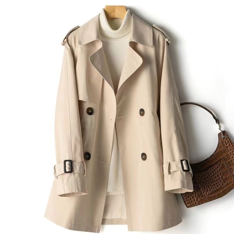 Short Double Breasted Trench Jacket for Women with Cinched Waist in Beige, front view