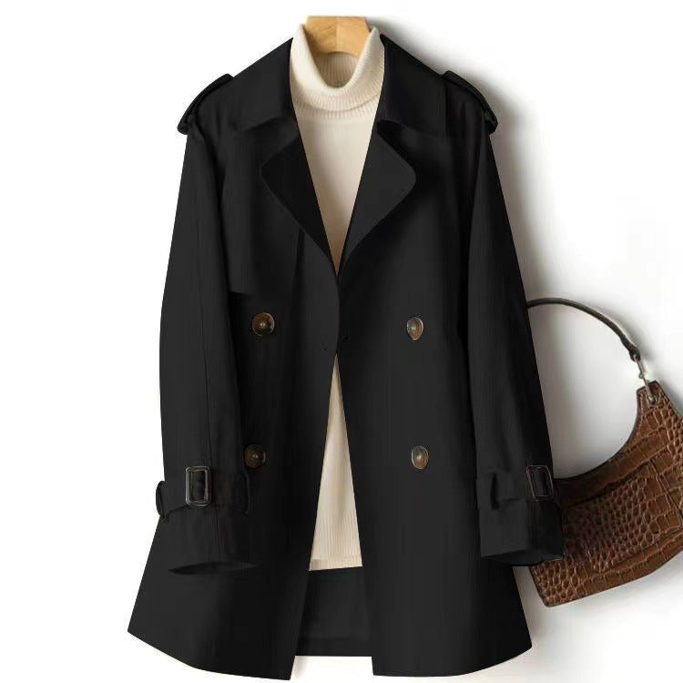 Short Double Breasted Trench Jacket for Women with Cinched Waist in Black, front view