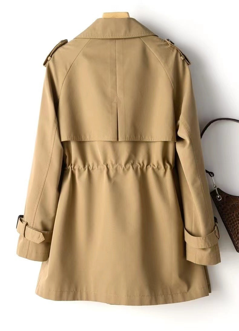 Short Double Breasted Trench Jacket for Women with Cinched Waist in Khaki, back view
