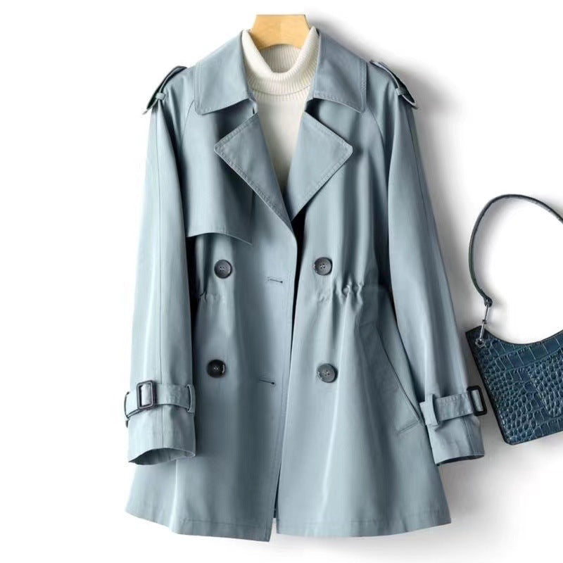 Short Double Breasted Trench Jacket for Women with Cinched Waist in Light Blue, front view