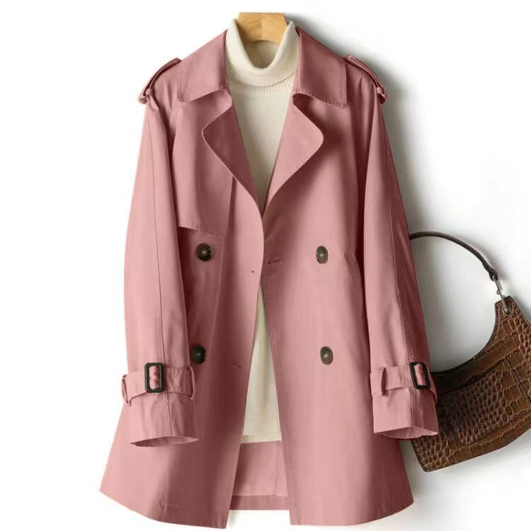 Short Double Breasted Trench Jacket for Women with Cinched Waist in Pink, front view