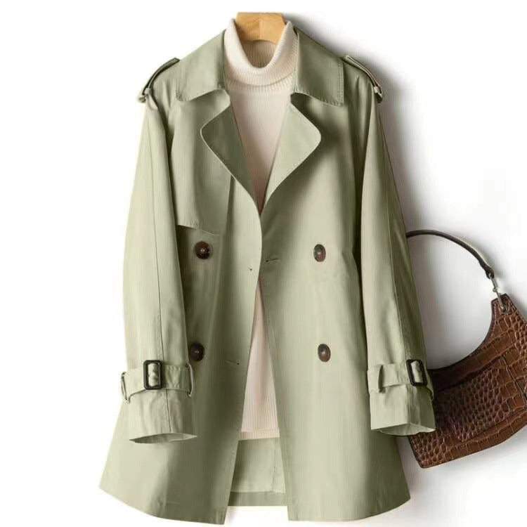 Short Double Breasted Trench Jacket for Women with Cinched Waist in Sage Green, front view