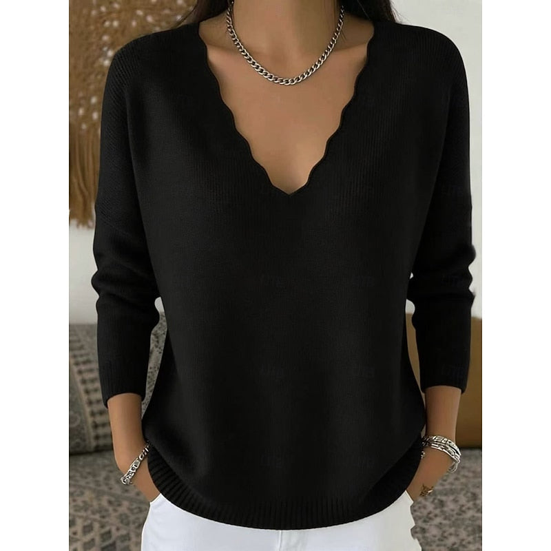 Scalloped V-Neck Sweater for Women with Long Sleeves and Ribbed Hem in Black, front view