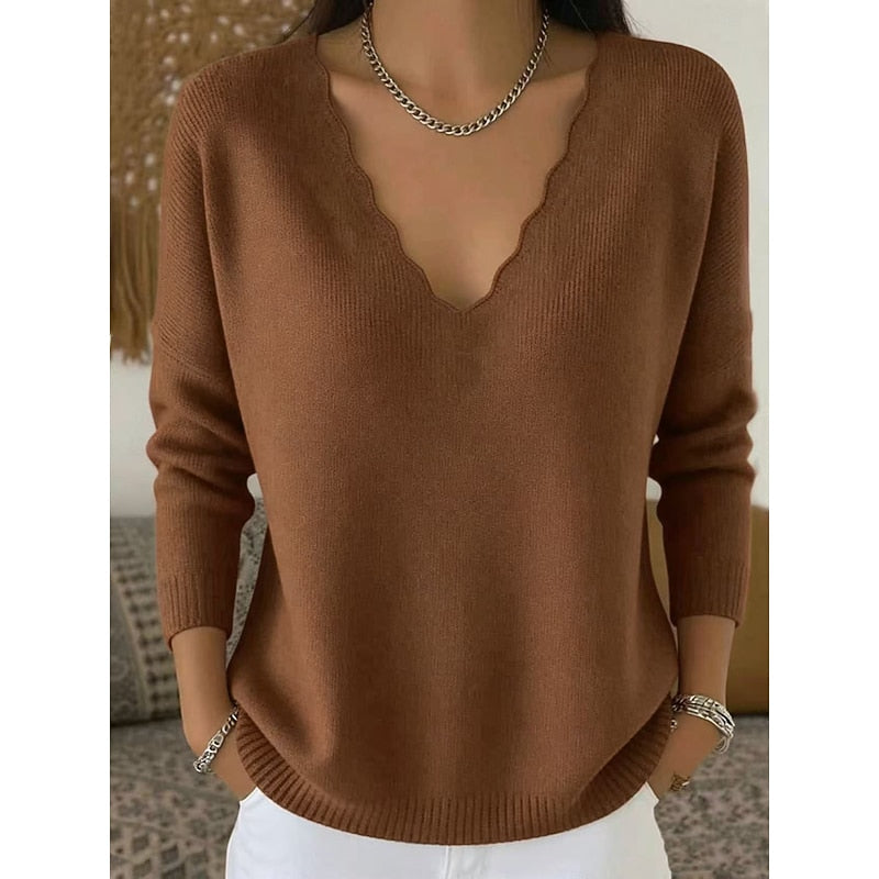 Scalloped V-Neck Sweater for Women with Long Sleeves and Ribbed Hem in Brown, front view