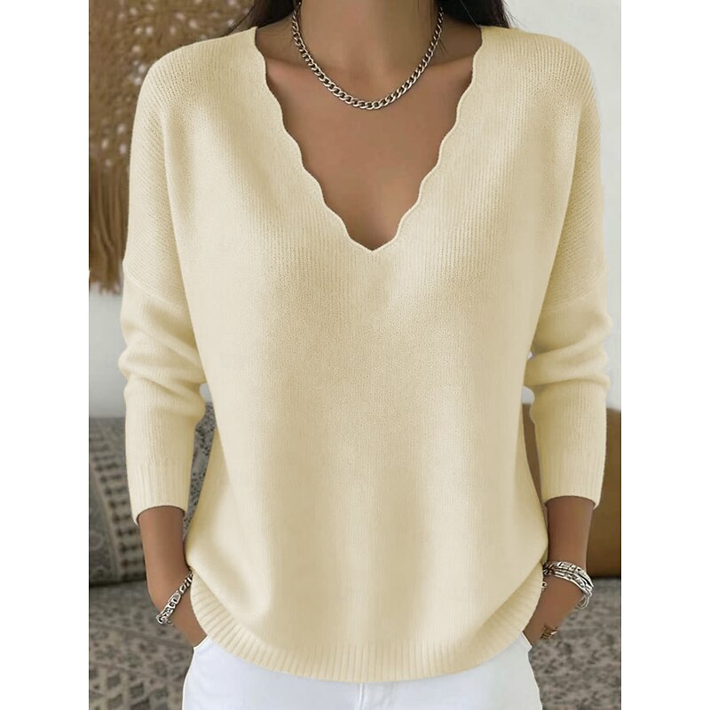 Scalloped V-Neck Sweater for Women with Long Sleeves and Ribbed Hem in Cream, front view