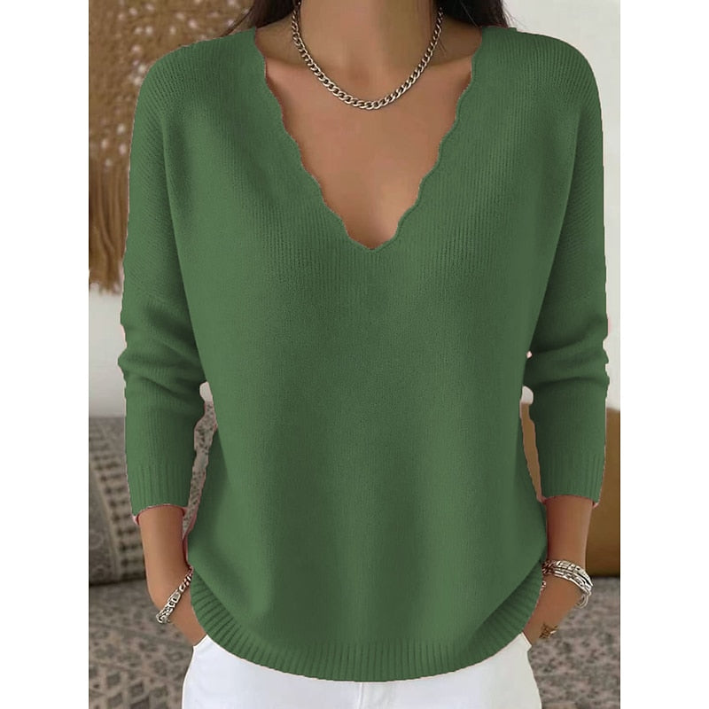 Scalloped V-Neck Sweater for Women with Long Sleeves and Ribbed Hem in Green, front view