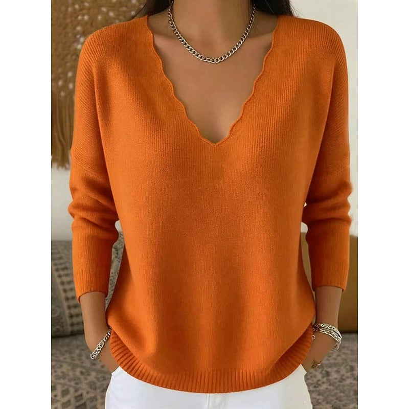 Scalloped V-Neck Sweater for Women with Long Sleeves and Ribbed Hem in Orange, front view