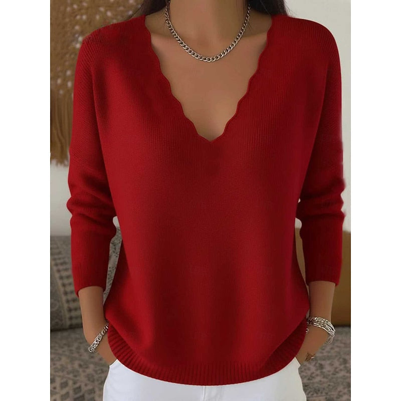 Scalloped V-Neck Sweater for Women with Long Sleeves and Ribbed Hem in Red, front view